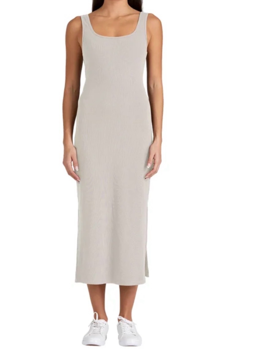 Sleeveless Frank and Oak Scoop Neck Rib Midi Dress in Pink-Taupe